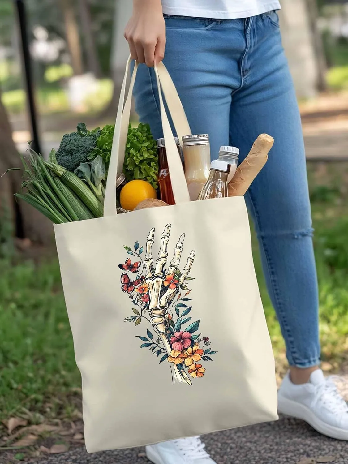 Canvas Tote Bag, Skeleton Flowers Plants patterned Canvas Tote Handbags for Women Shoulder Bag,