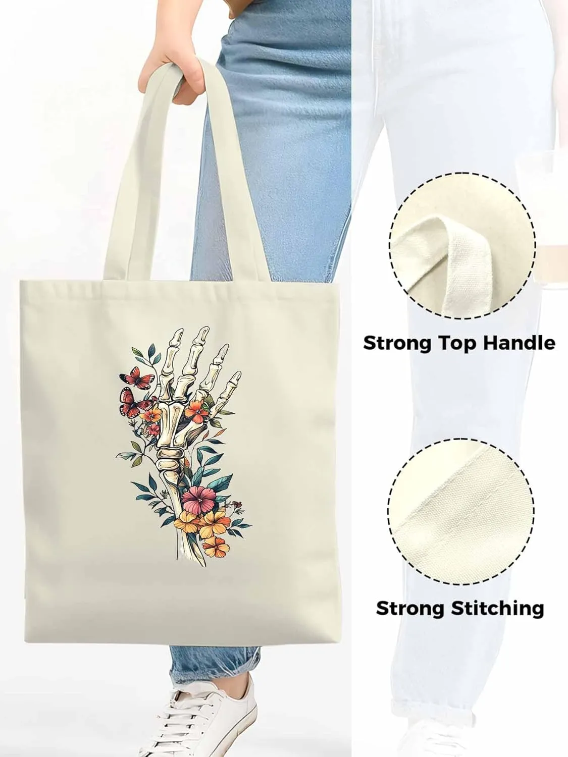 Canvas Tote Bag, Skeleton Flowers Plants patterned Canvas Tote Handbags for Women Shoulder Bag,