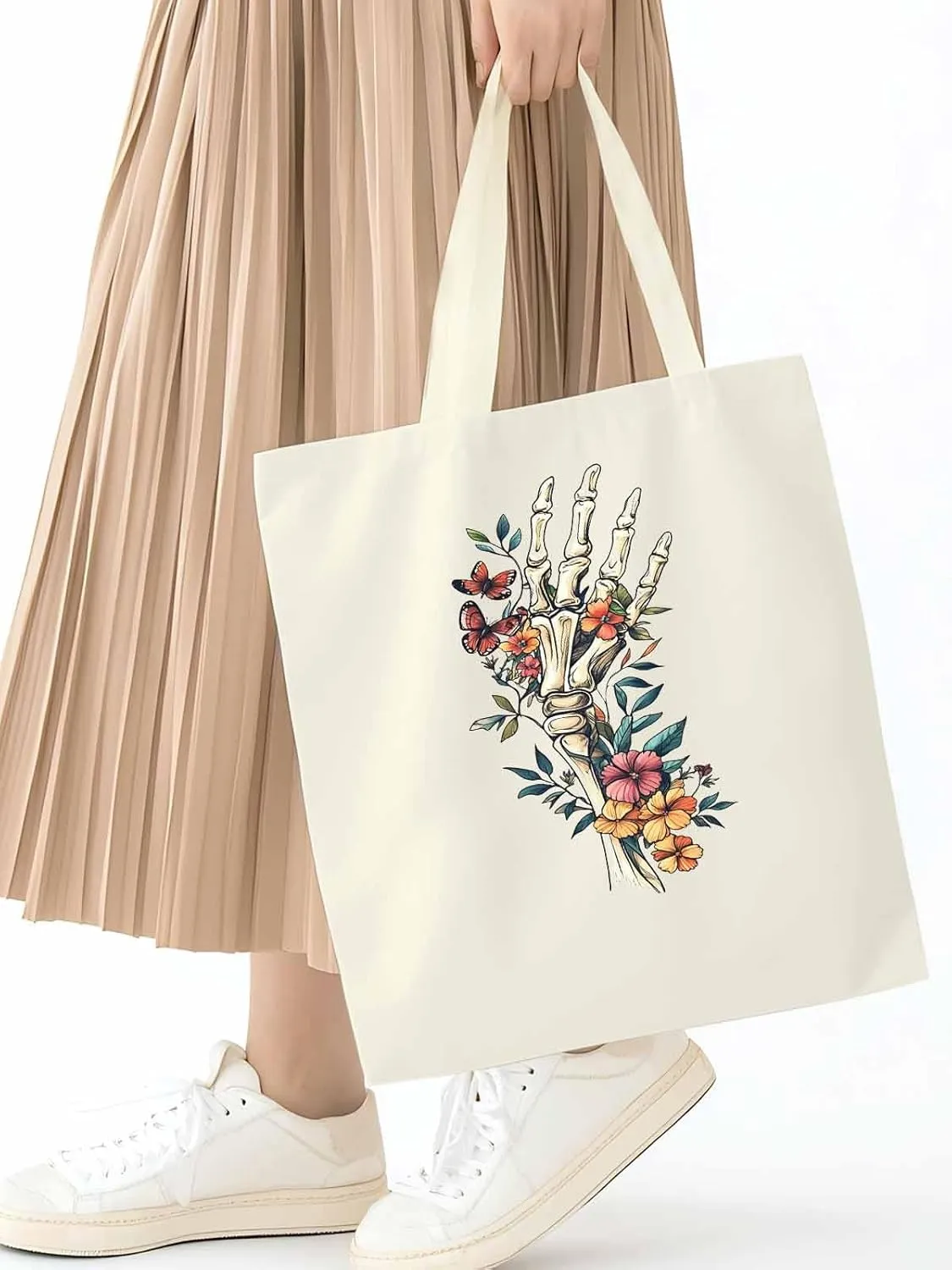 Canvas Tote Bag, Skeleton Flowers Plants patterned Canvas Tote Handbags for Women Shoulder Bag,