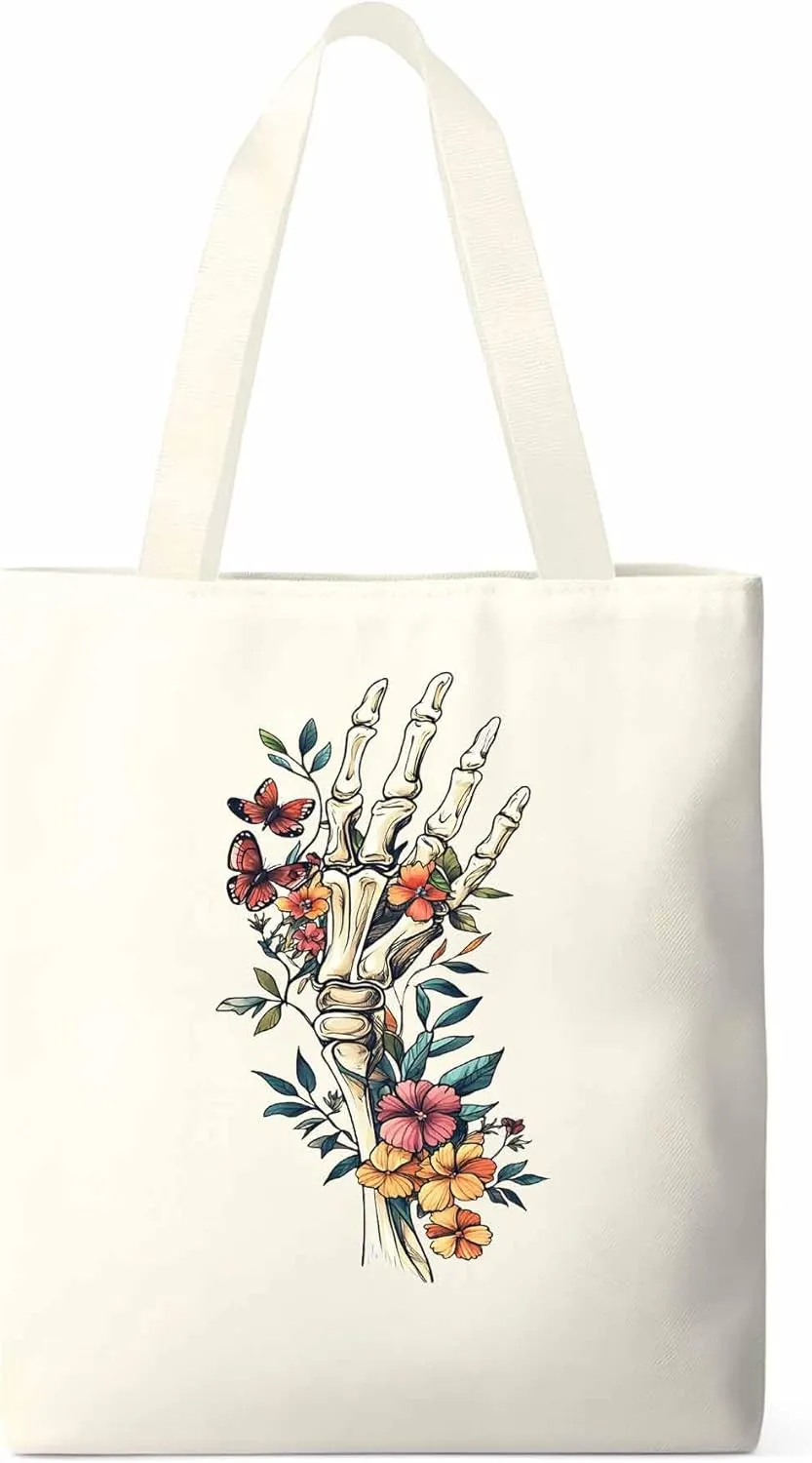 Canvas Tote Bag, Skeleton Flowers Plants patterned Canvas Tote Handbags for Women Shoulder Bag,