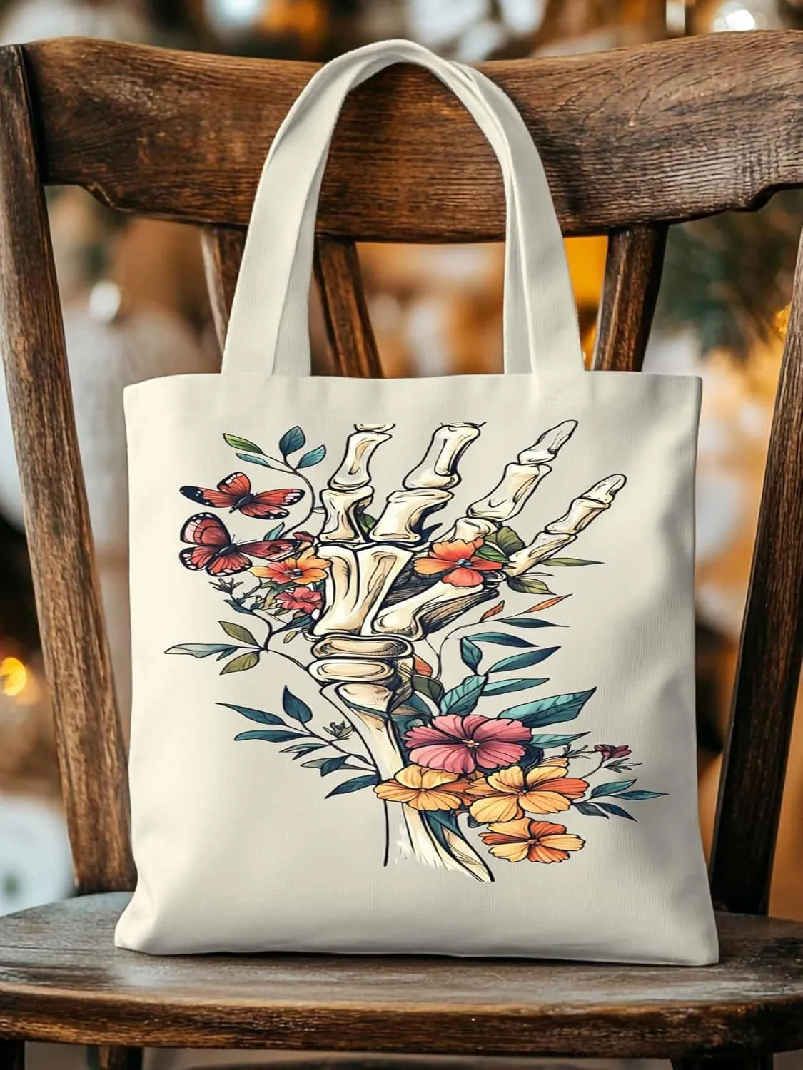 Canvas Tote Bag, Skeleton Flowers Plants patterned Canvas Tote Handbags for Women Shoulder Bag,