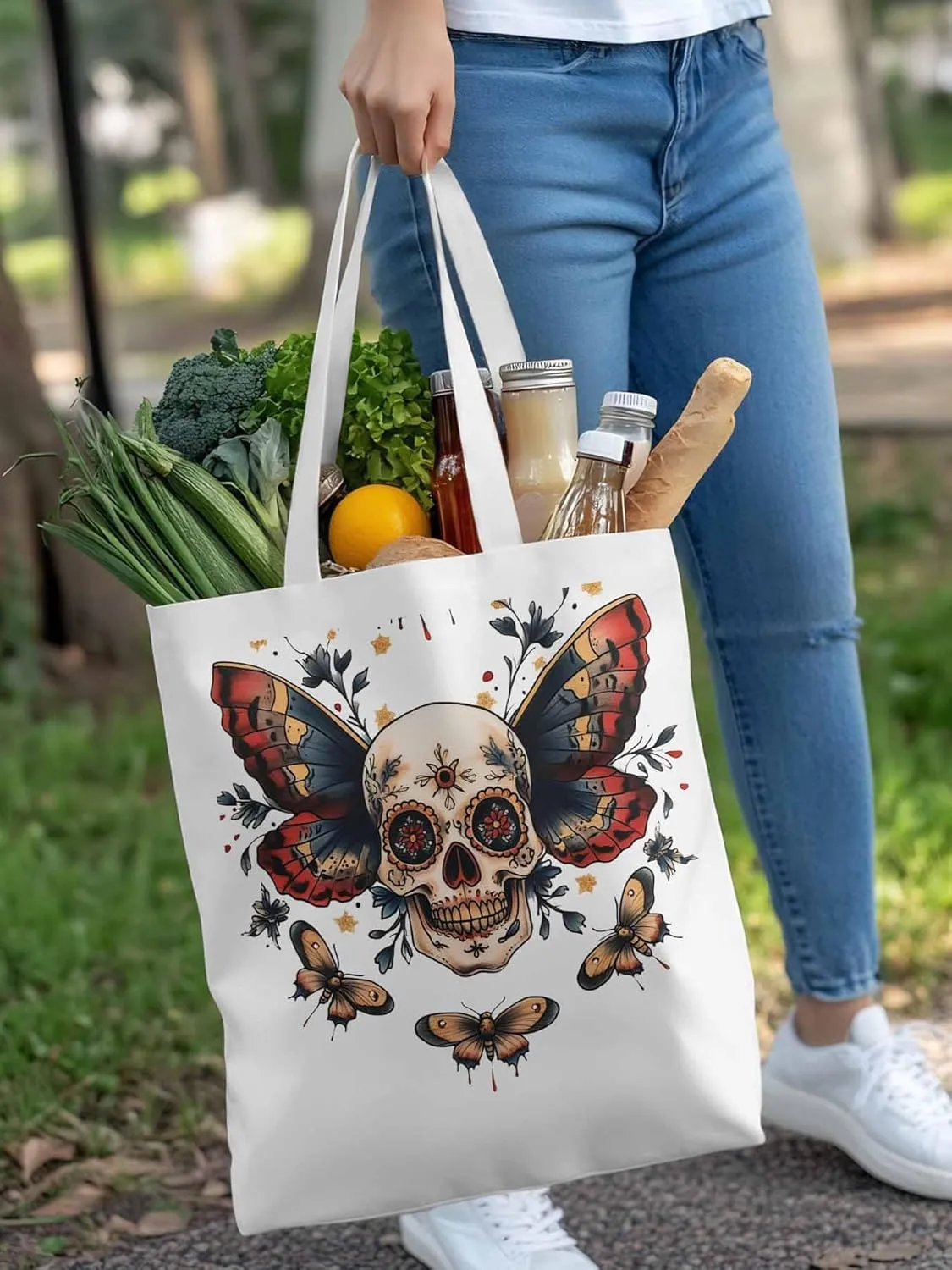 Canvas Tote Bag, Vintage Skeleton Butterfly patterned Canvas Tote Handbags for Women Shoulder Bag,