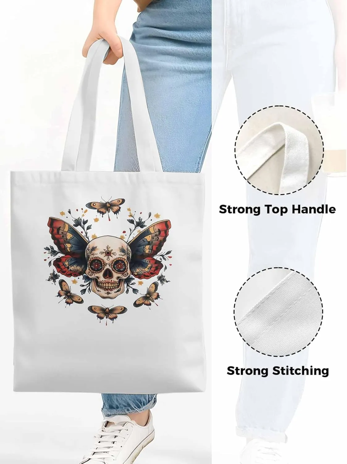 Canvas Tote Bag, Vintage Skeleton Butterfly patterned Canvas Tote Handbags for Women Shoulder Bag,