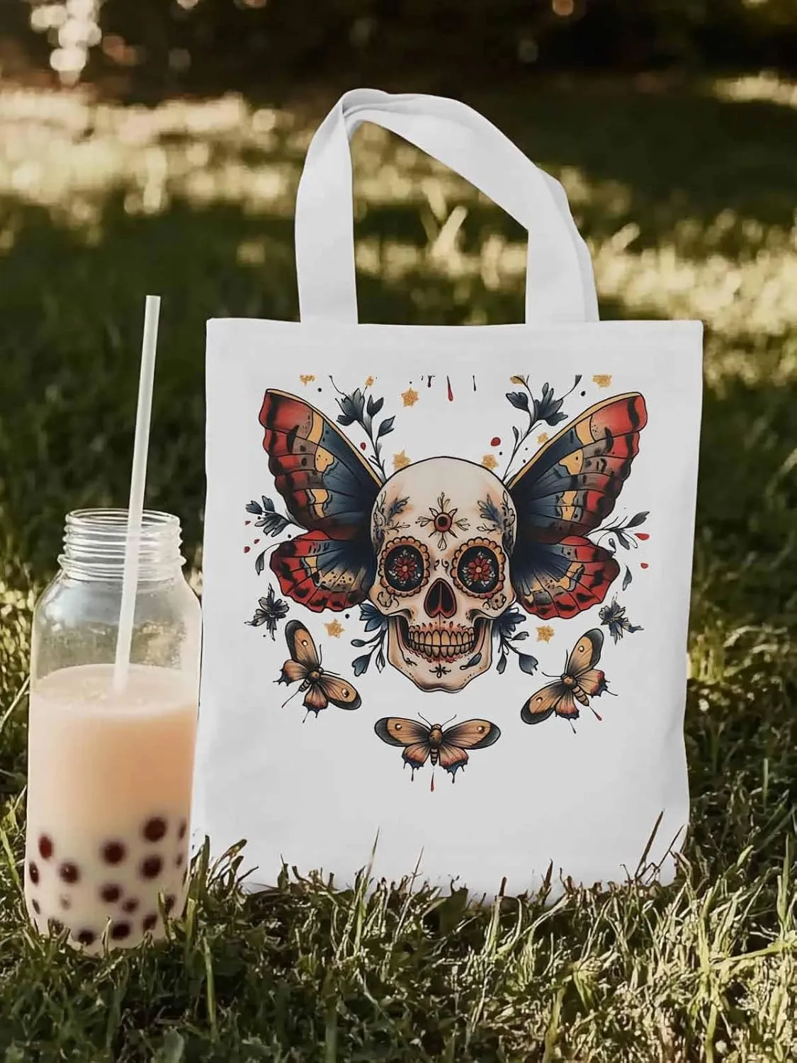 Canvas Tote Bag, Vintage Skeleton Butterfly patterned Canvas Tote Handbags for Women Shoulder Bag,