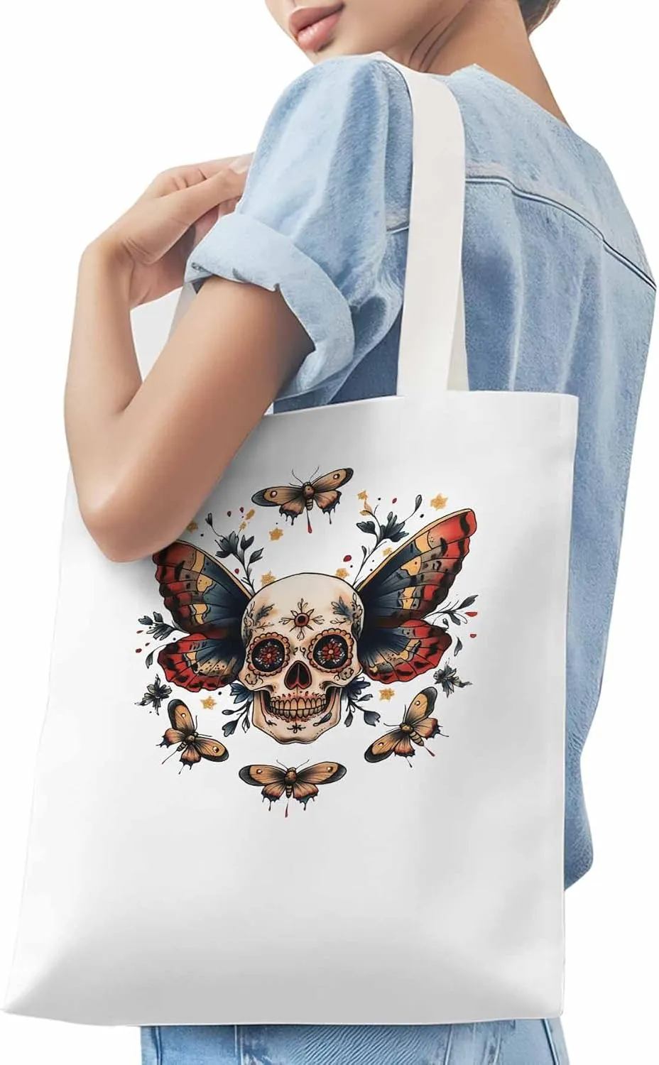 Canvas Tote Bag, Vintage Skeleton Butterfly patterned Canvas Tote Handbags for Women Shoulder Bag,