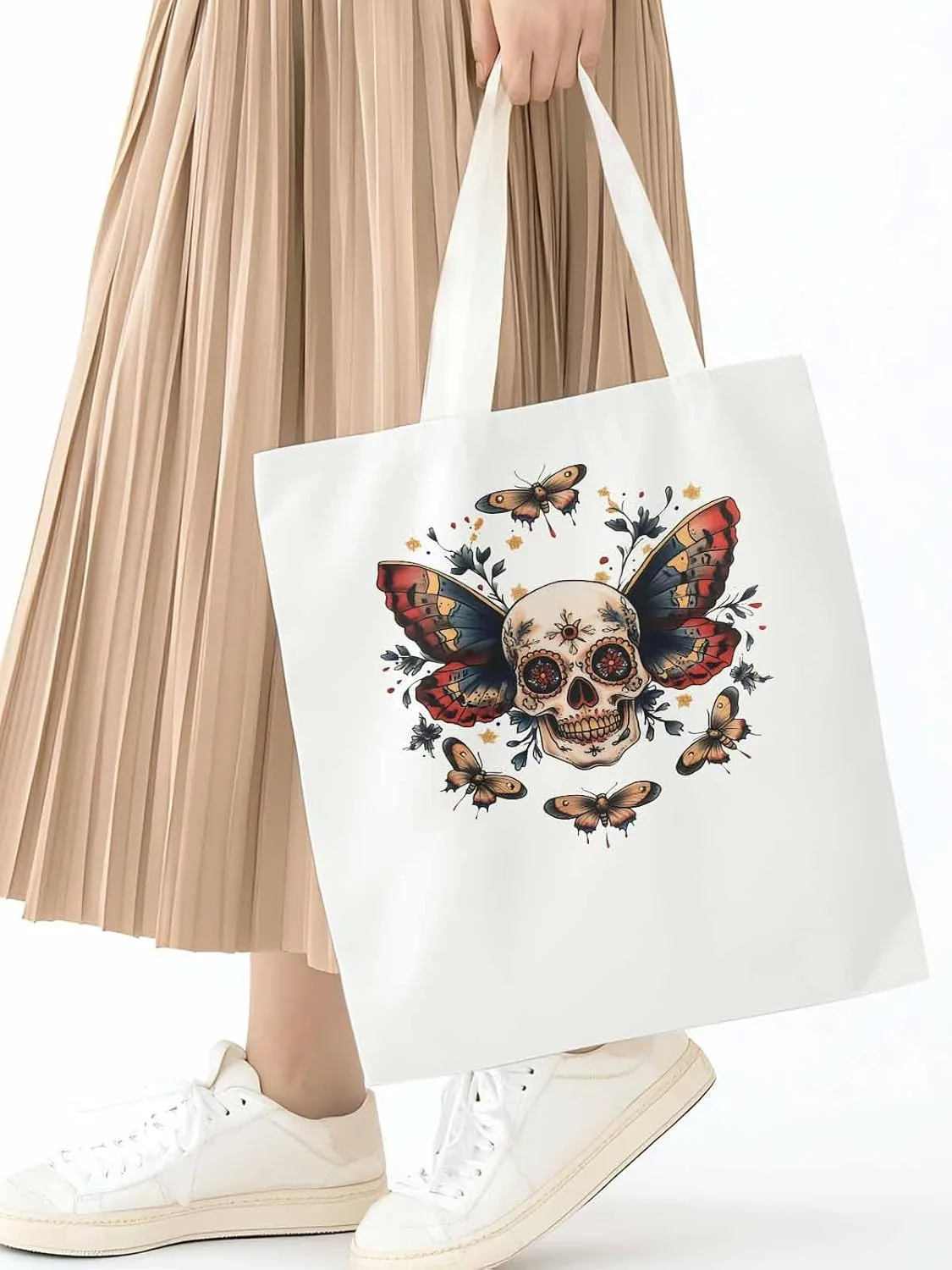 Canvas Tote Bag, Vintage Skeleton Butterfly patterned Canvas Tote Handbags for Women Shoulder Bag,