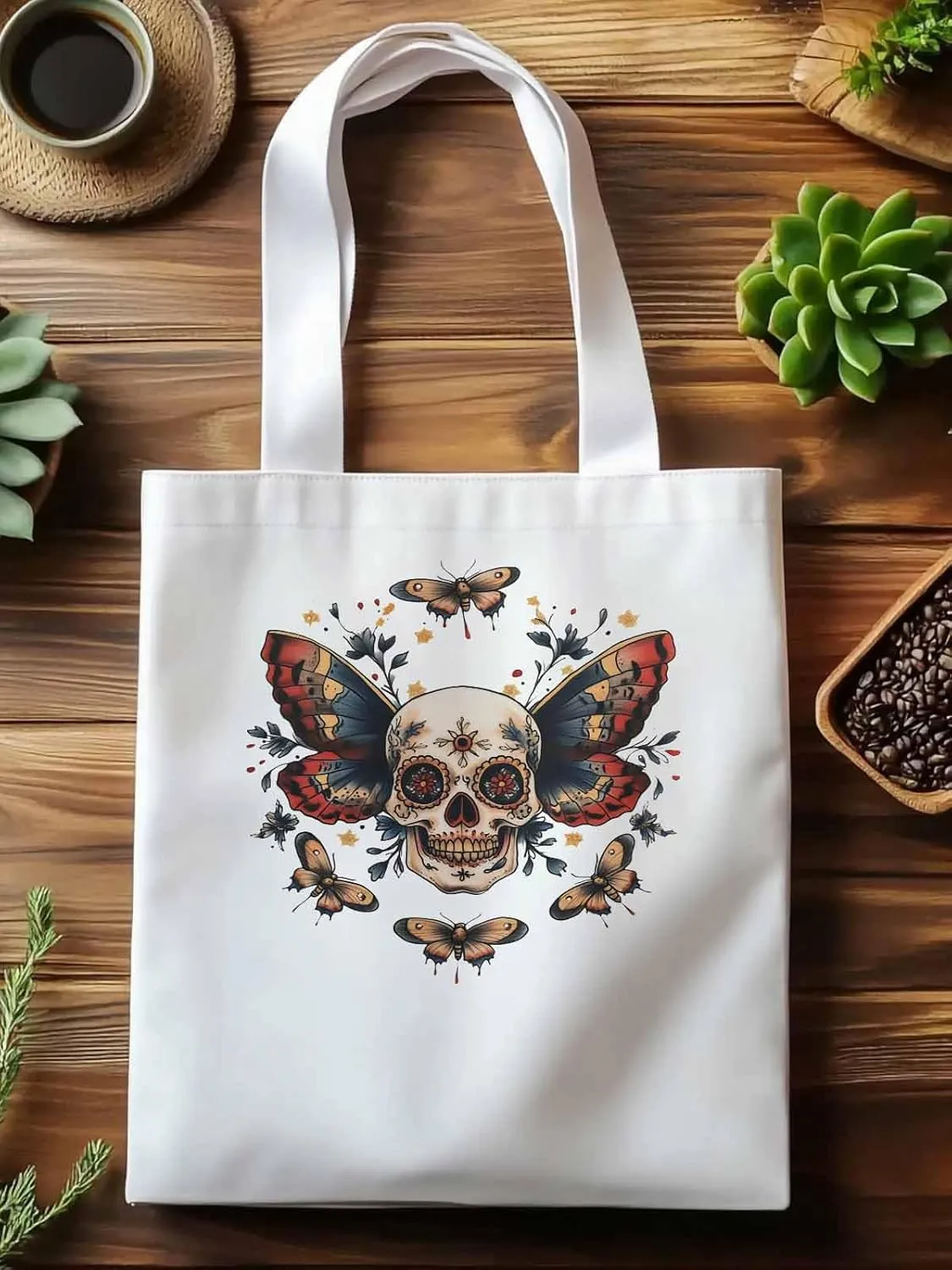 Canvas Tote Bag, Vintage Skeleton Butterfly patterned Canvas Tote Handbags for Women Shoulder Bag,