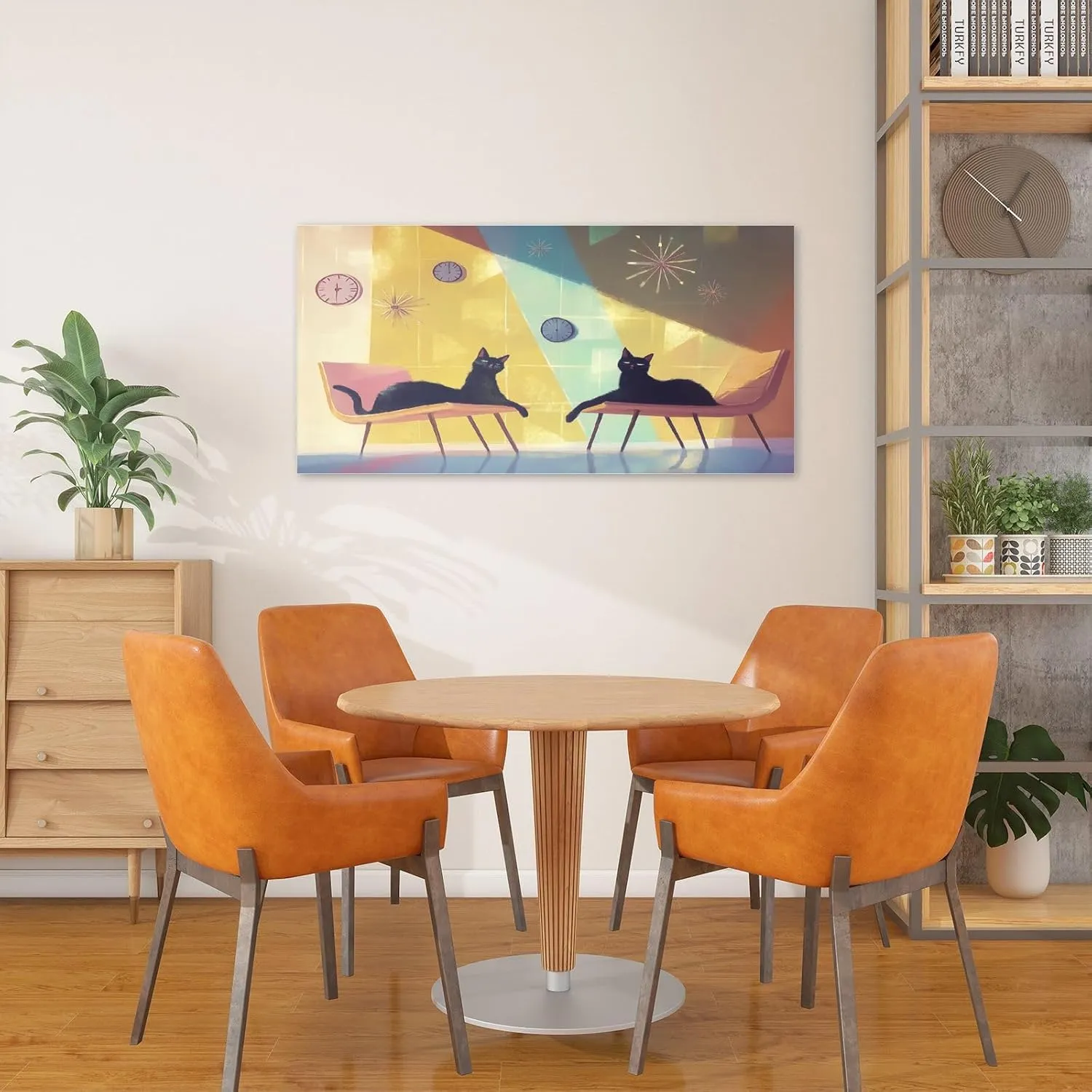 Canvas Wall Art Paintings Mid Century Cats Lounge Scene Eames Chairs Clocks Stretched Framed Artwork Wall Poster for Living Room Bedroom Office Wall Decor Ready to Hang 30x60 Inch