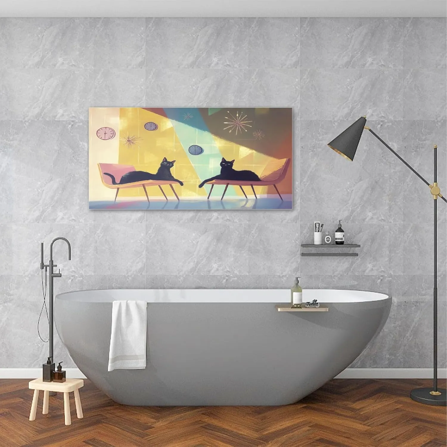 Canvas Wall Art Paintings Mid Century Cats Lounge Scene Eames Chairs Clocks Stretched Framed Artwork Wall Poster for Living Room Bedroom Office Wall Decor Ready to Hang 30x60 Inch