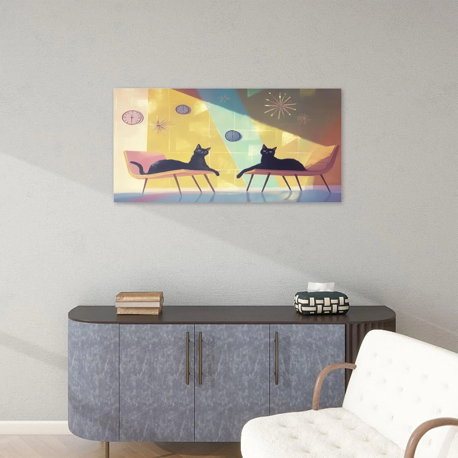 Canvas Wall Art Paintings Mid Century Cats Lounge Scene Eames Chairs Clocks Stretched Framed Artwork Wall Poster for Living Room Bedroom Office Wall Decor Ready to Hang 30x60 Inch