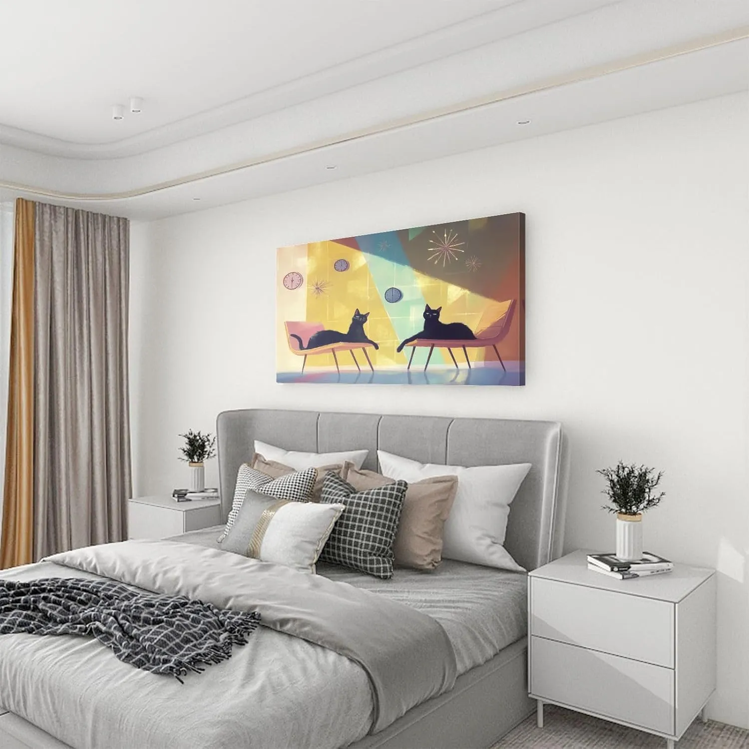 Canvas Wall Art Paintings Mid Century Cats Lounge Scene Eames Chairs Clocks Stretched Framed Artwork Wall Poster for Living Room Bedroom Office Wall Decor Ready to Hang 30x60 Inch