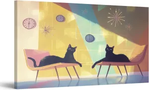 Canvas Wall Art Paintings Mid Century Cats Lounge Scene Eames Chairs Clocks Stretched Framed Artwork Wall Poster for Living Room Bedroom Office Wall Decor Ready to Hang 30x60 Inch