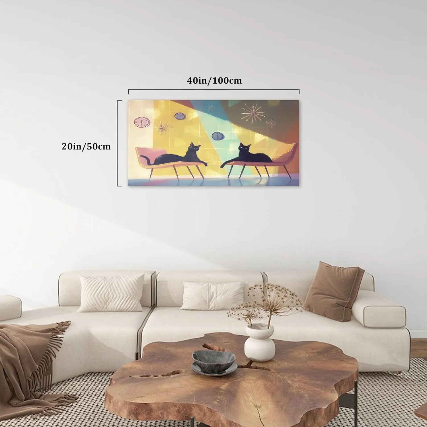 Canvas Wall Art Paintings Mid Century Cats Lounge Scene Eames Chairs Clocks Stretched Framed Artwork Wall Poster for Living Room Bedroom Office Wall Decor Ready to Hang 30x60 Inch