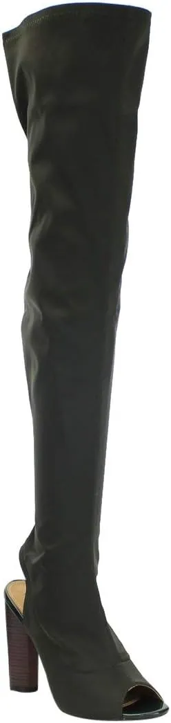 Cape Robbin Connie-11 Black Stretch OTK Thigh High Open Peep Toe Block Heel Boot