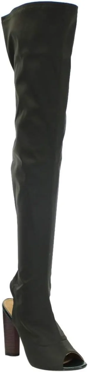 Cape Robbin Connie-11 Black Stretch OTK Thigh High Open Peep Toe Block Heel Boot