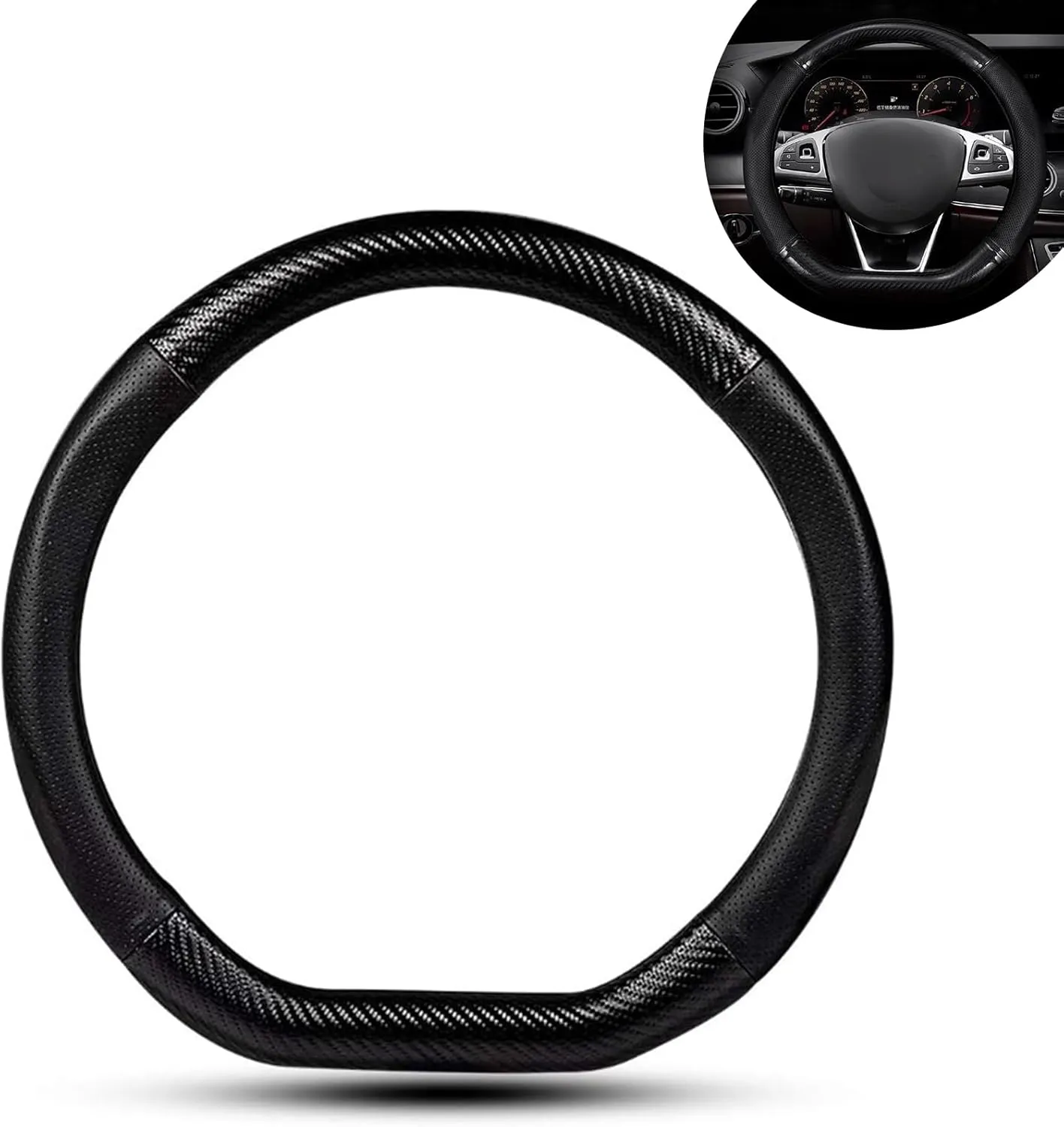 Car Steering Wheel Cover, Carbon Fiber Steering Wheel Cover, Non-Slip Steering Wheel Protector, Steering Wheel Accessories (Carbon Fiber Black #D-Shaped)