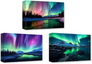 CCWACPP Aurora Borealis Canvas Wall Art 3 Panels Northern Lights Wall Decor Forest Lakes Snow Mountain Pictures Print Decor Frame (Aurora Borealis - 3, 11x14inchx3Pcs)