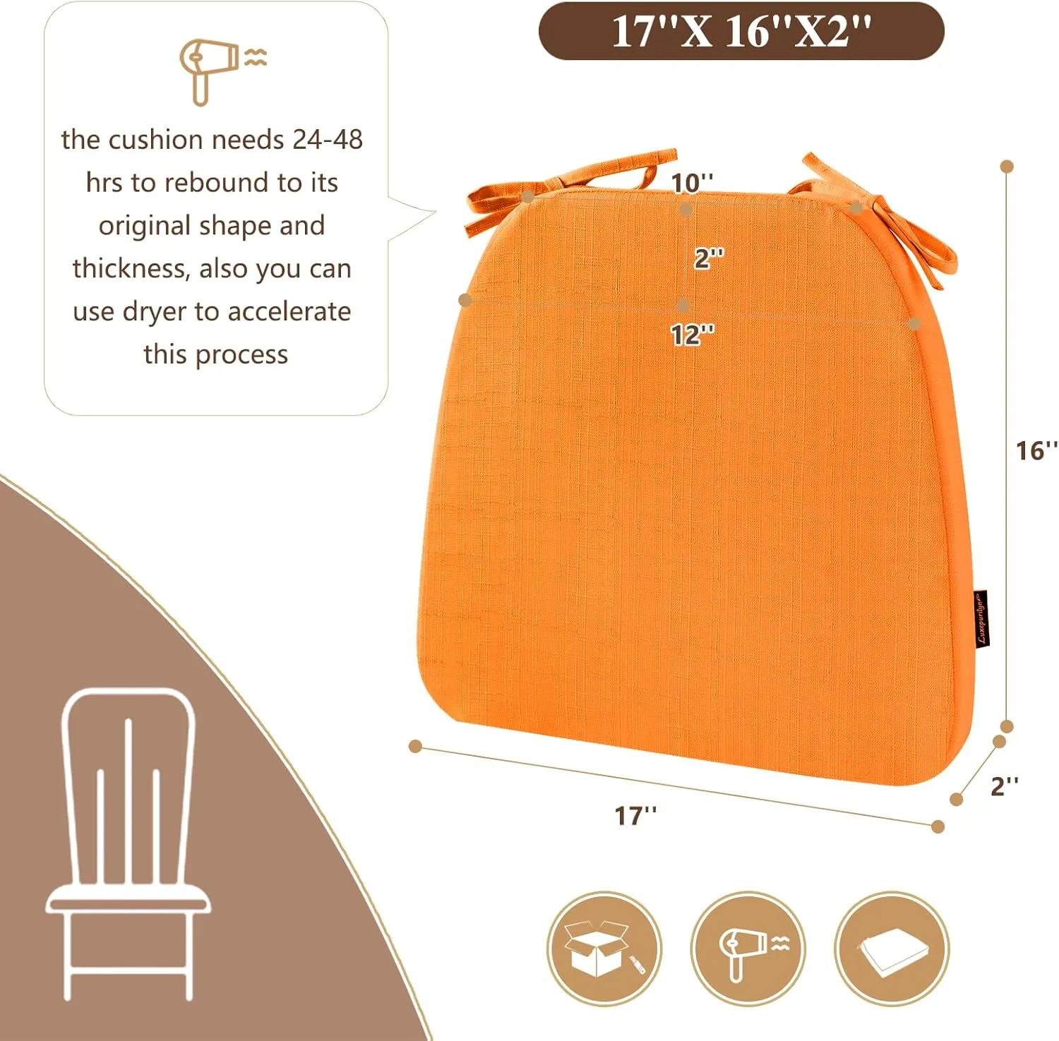 Chair Cushions for Dining Chairs, Indoor Seat Cushions with Ties and Non-Slip Backing, High-Resilience Chair Pads for Dining Room and Kitchen Chairs, 17''x16''x2'', Orange, Set of 4