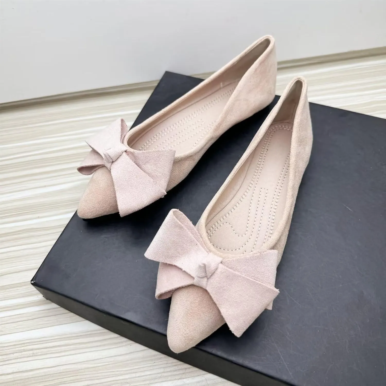 ChaiRong Zhou Womens Pointed Toe Bow Flats Solid Color Suede Ballet Flats Classic Low-Heel Shoes