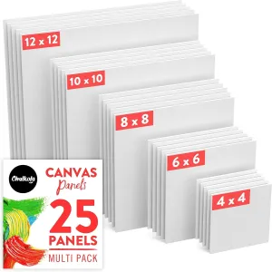 Chalkola Paint Canvases for Painting Multipack - 25 Pack Square Canvas Panels - 4x4, 6x6, 8x8, 10x10, 12x12 inch (5 Each) - 100% Cotton, Primed, Acid Free Art Canvas Boards for Painting