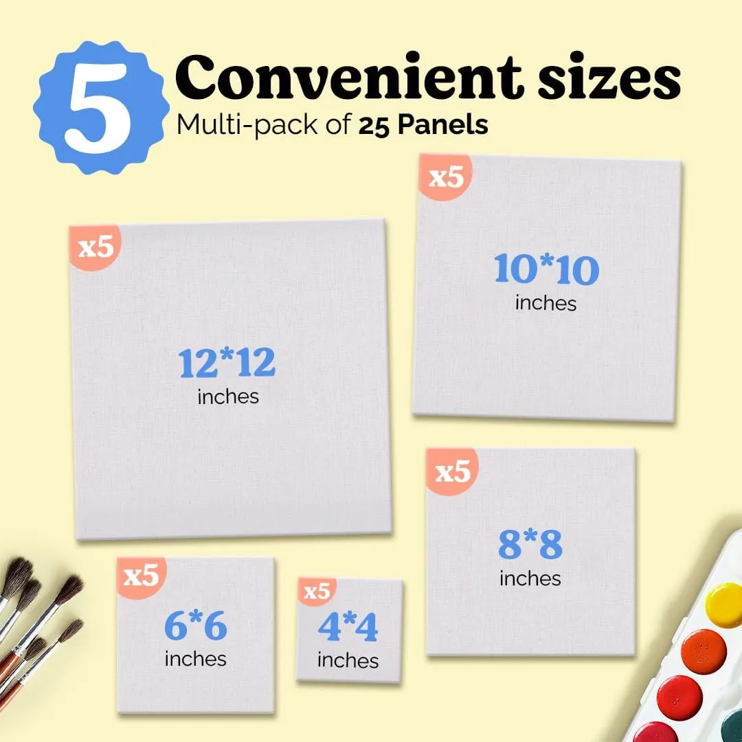 Chalkola Paint Canvases for Painting Multipack - 25 Pack Square Canvas Panels - 4x4, 6x6, 8x8, 10x10, 12x12 inch (5 Each) - 100% Cotton, Primed, Acid Free Art Canvas Boards for Painting