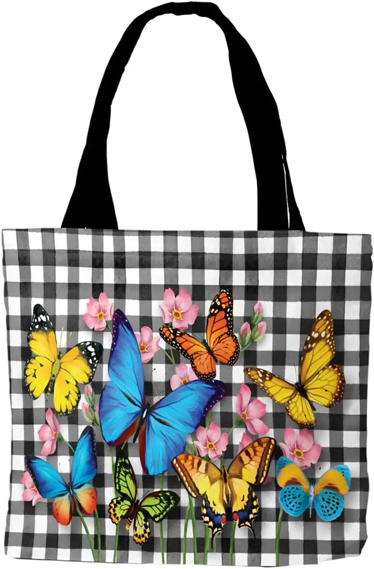 Checkered Butterflies Spring Canvas Tote Bag Floral 14.5" x 15" Briarwood Lane