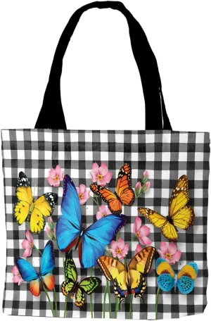 Checkered Butterflies Spring Canvas Tote Bag Floral 14.5" x 15" Briarwood Lane