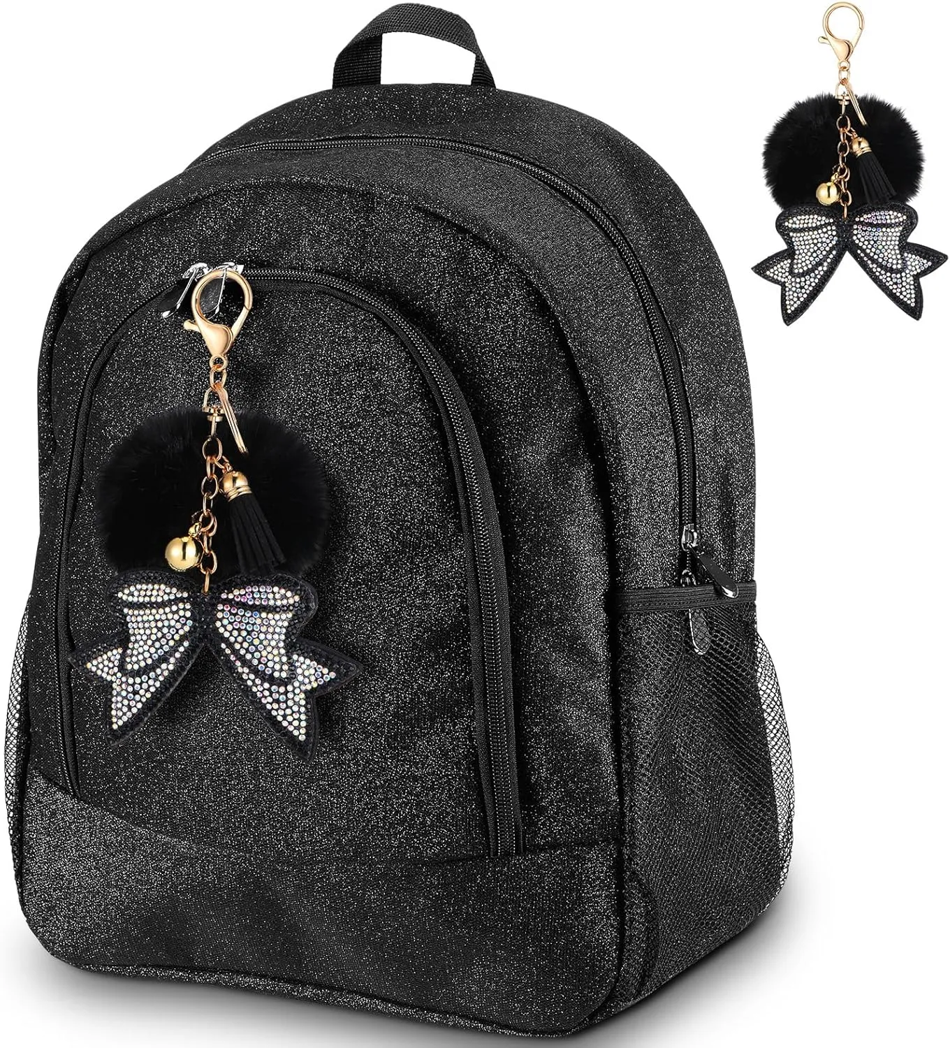 Cheer Backpack with Cheer Bow Keychain Cheerleading Glitter Backpack Cheerleaders Gift Cheer Bags for Sport (Black,Small)