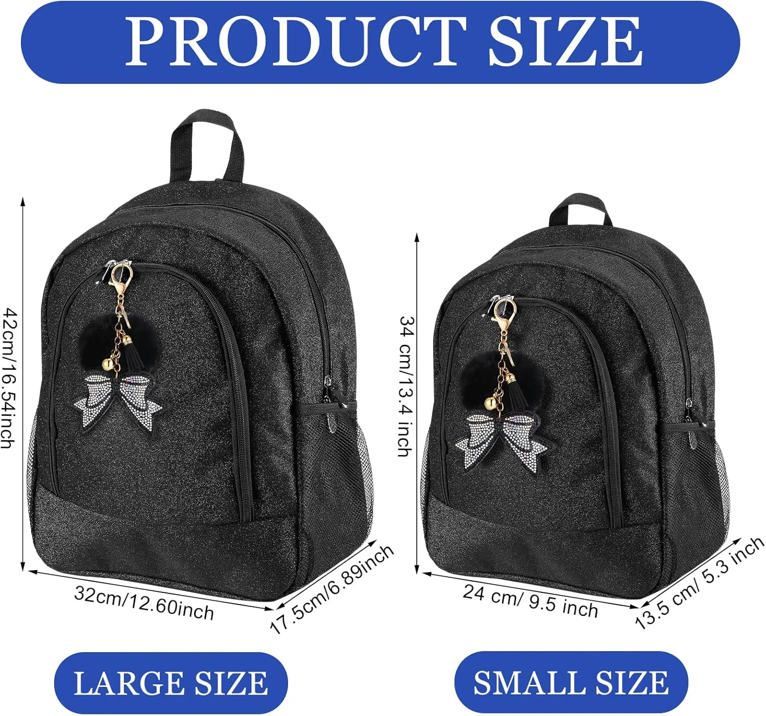 Cheer Backpack with Cheer Bow Keychain Cheerleading Glitter Backpack Cheerleaders Gift Cheer Bags for Sport (Black,Small)