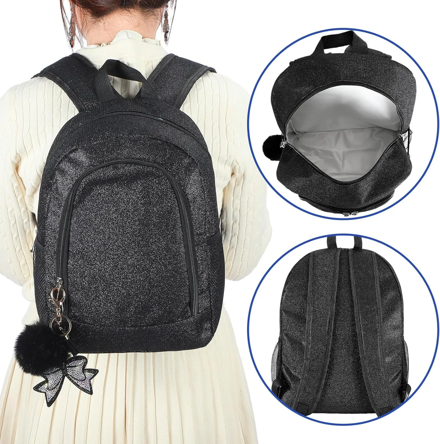 Cheer Backpack with Cheer Bow Keychain Cheerleading Glitter Backpack Cheerleaders Gift Cheer Bags for Sport (Black,Small)