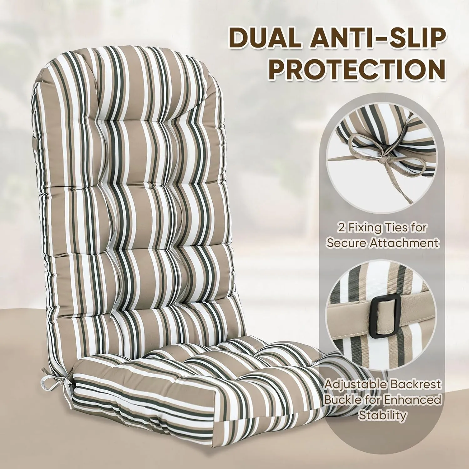 COOS BAY High Back Adirondack Chair Cushions for Outdoor Furniture, 49x20x5 in, Thick Tufted Patio Seat Pad, Set of 2, Beige Stripes