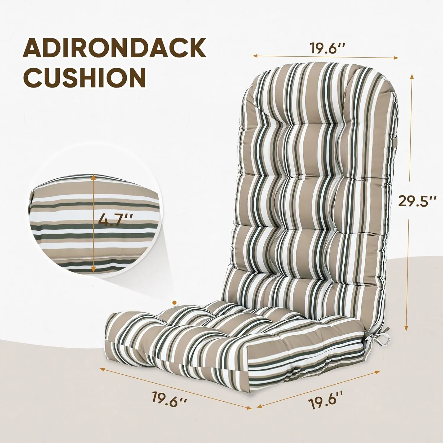 COOS BAY High Back Adirondack Chair Cushions for Outdoor Furniture, 49x20x5 in, Thick Tufted Patio Seat Pad, Set of 2, Beige Stripes