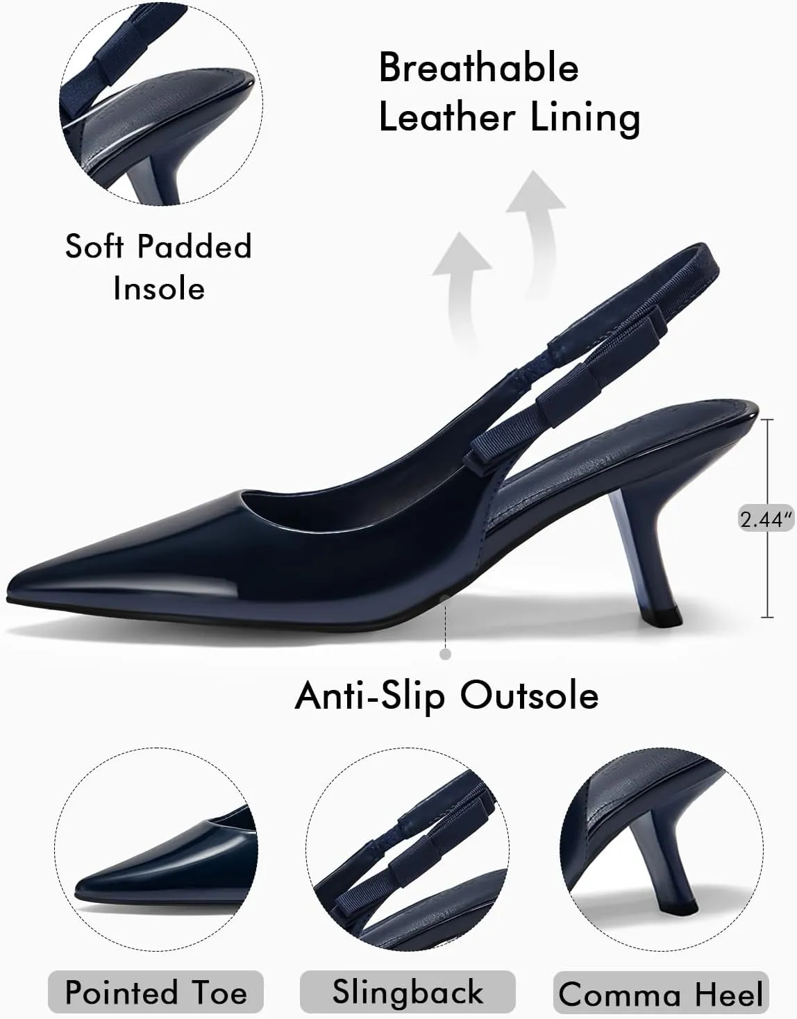 Coutgo Womens Slingback Kitten Heels Closed Pointed Toe Bowknot Patent Leather Slip on Work Pumps Dress Shoes