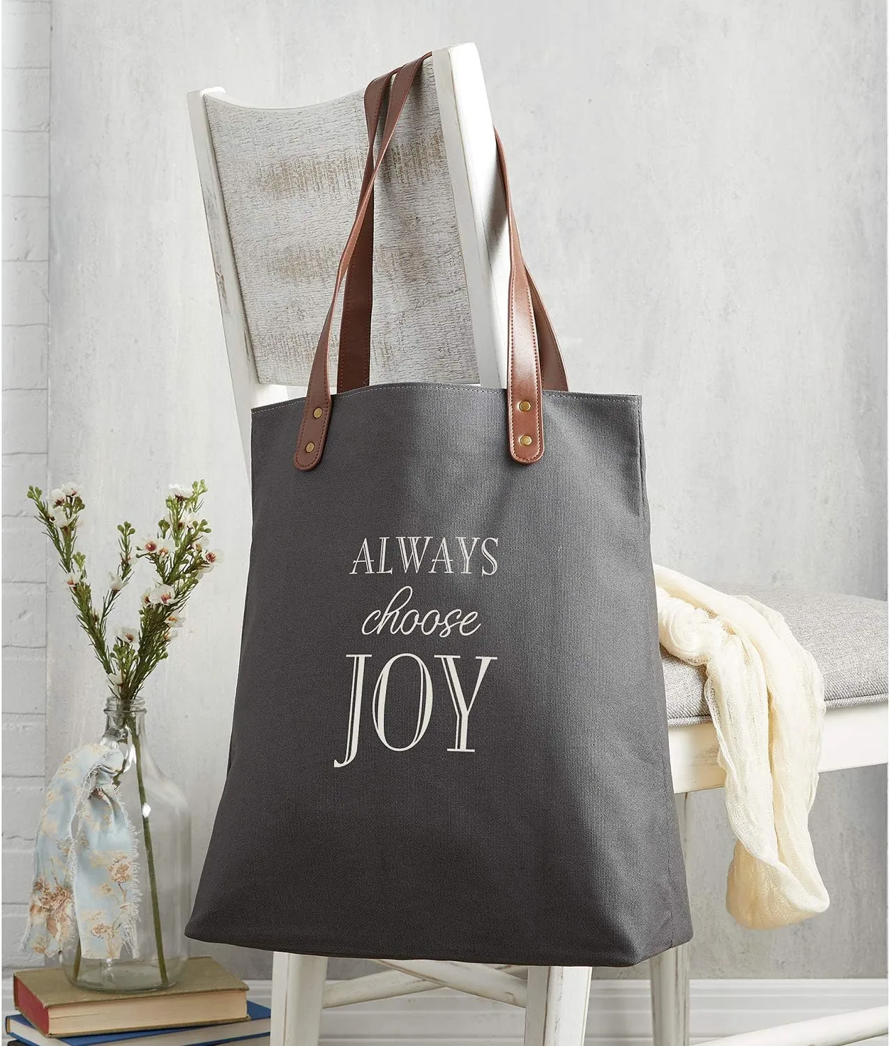 Creative Brands Joyful Expressions Charcoal Grey Canvas & Leather Tote, 13.5 x 16-Inch, Always Choose Joy