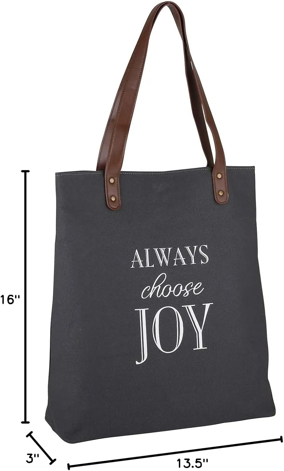 Creative Brands Joyful Expressions Charcoal Grey Canvas & Leather Tote, 13.5 x 16-Inch, Always Choose Joy
