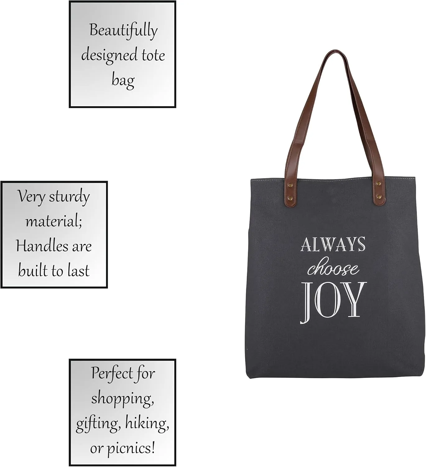 Creative Brands Joyful Expressions Charcoal Grey Canvas & Leather Tote, 13.5 x 16-Inch, Always Choose Joy