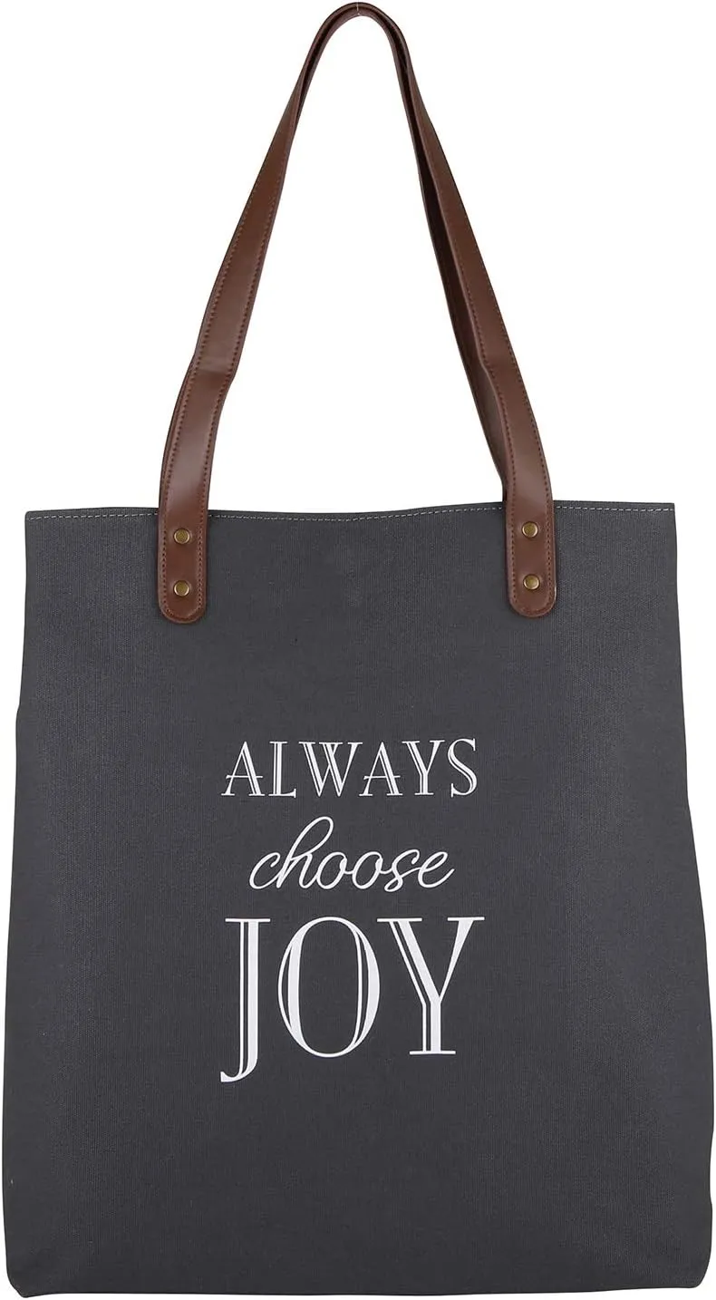 Creative Brands Joyful Expressions Charcoal Grey Canvas & Leather Tote, 13.5 x 16-Inch, Always Choose Joy
