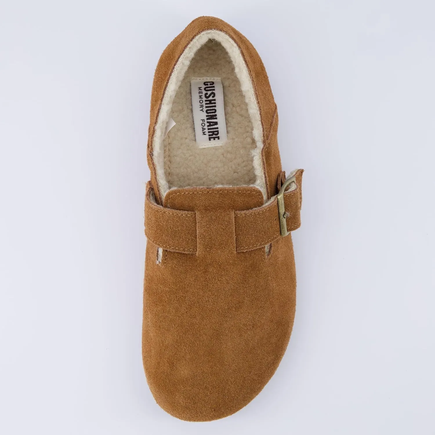 CUSHIONAIRE Women's Nest Genuine Suede Slip-On Shoe with Faux Shearling Lining & Memory Foam | Adjustable Buckle & Non-Slip Sole