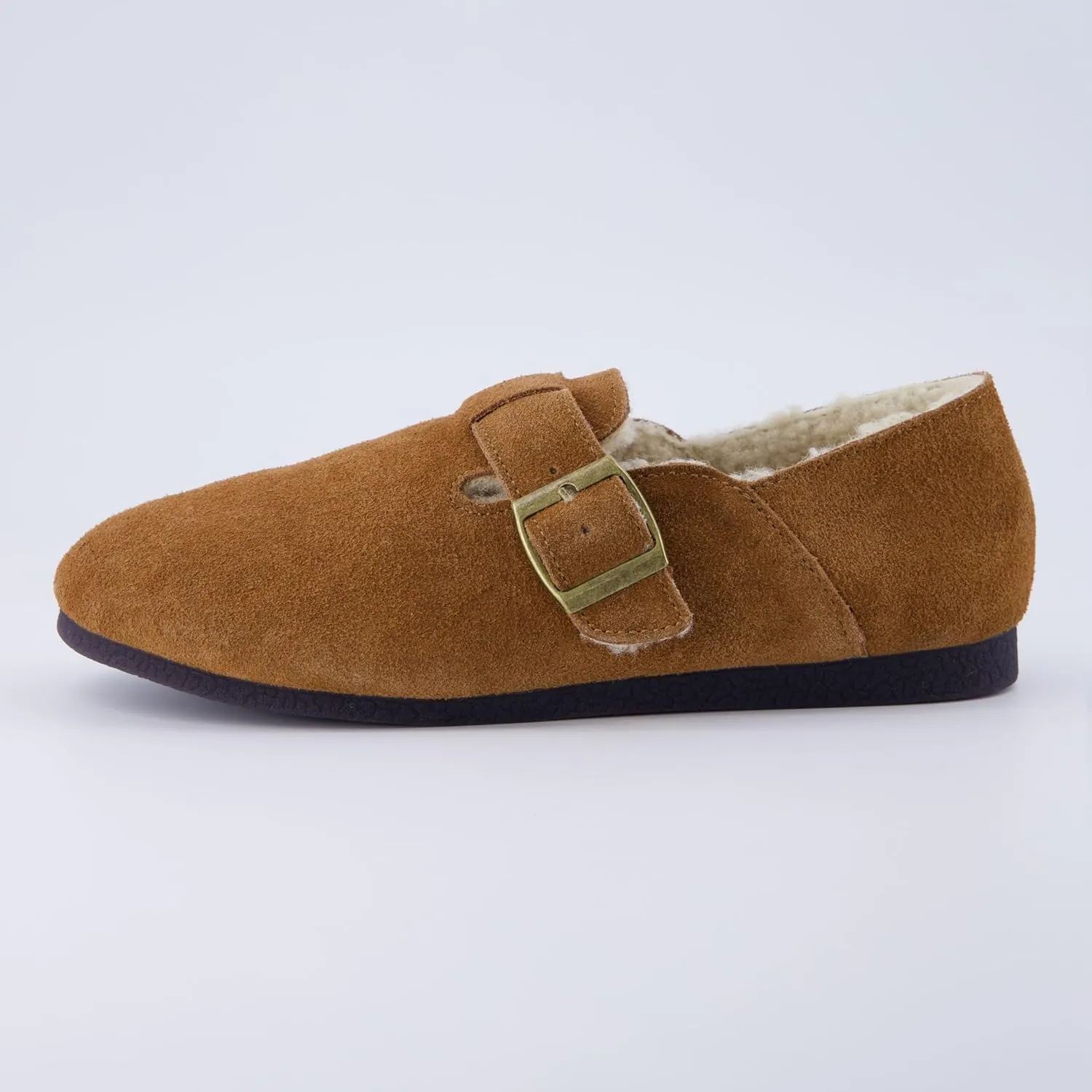 CUSHIONAIRE Women's Nest Genuine Suede Slip-On Shoe with Faux Shearling Lining & Memory Foam | Adjustable Buckle & Non-Slip Sole