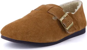 CUSHIONAIRE Women's Nest Genuine Suede Slip-On Shoe with Faux Shearling Lining & Memory Foam | Adjustable Buckle & Non-Slip Sole