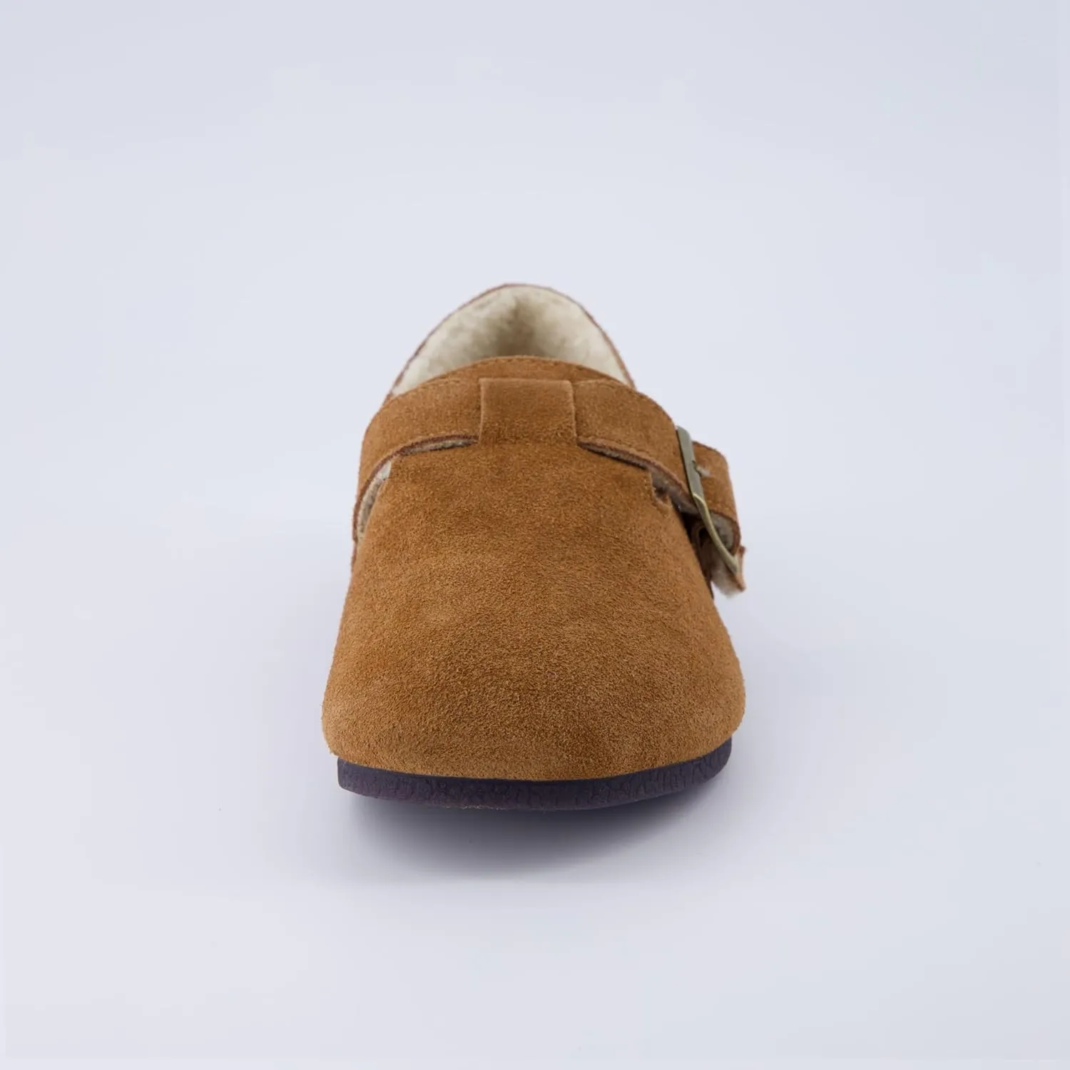 CUSHIONAIRE Women's Nest Genuine Suede Slip-On Shoe with Faux Shearling Lining & Memory Foam | Adjustable Buckle & Non-Slip Sole
