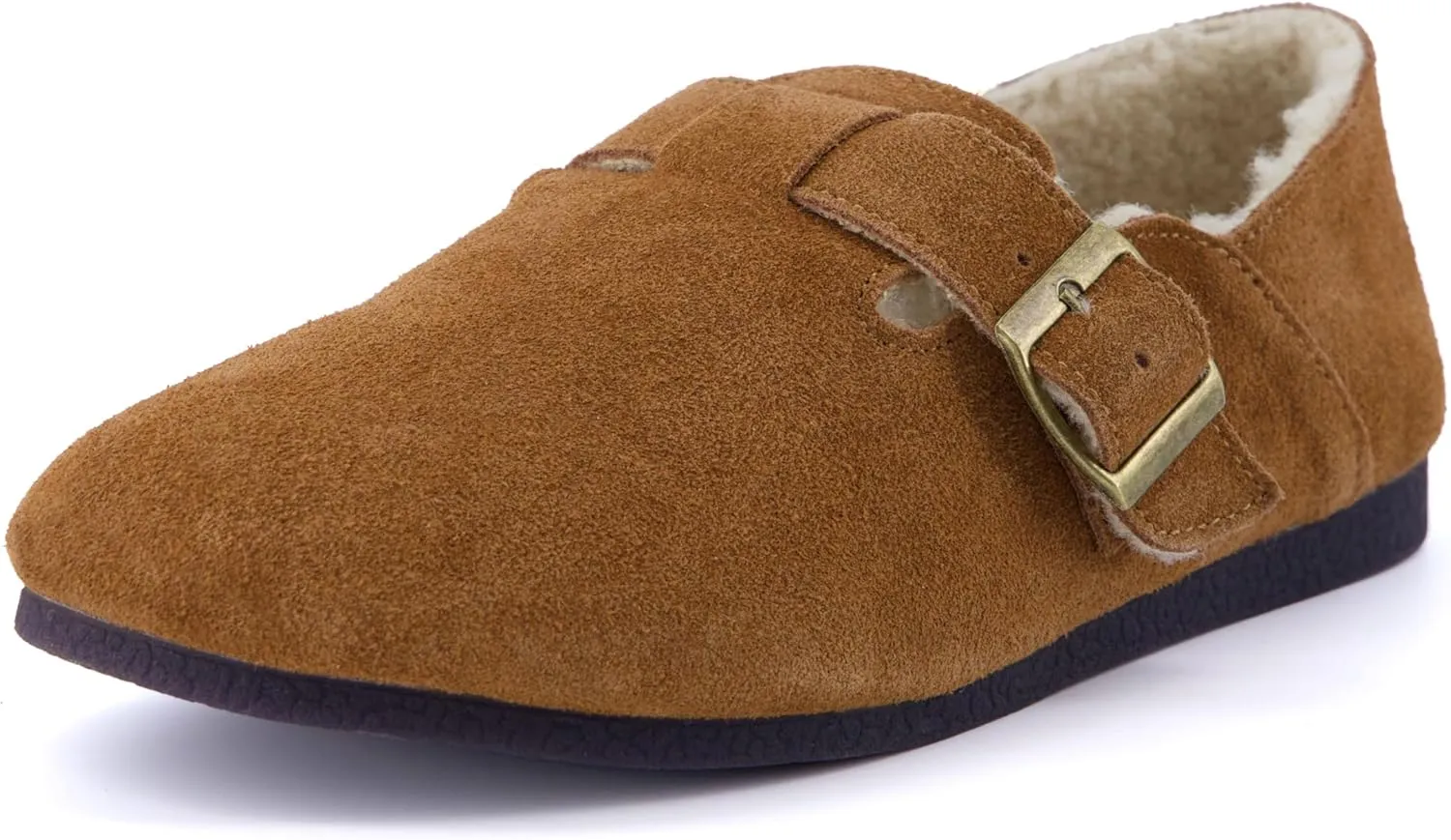 CUSHIONAIRE Women's Nest Genuine Suede Slip-On Shoe with Faux Shearling Lining & Memory Foam | Adjustable Buckle & Non-Slip Sole