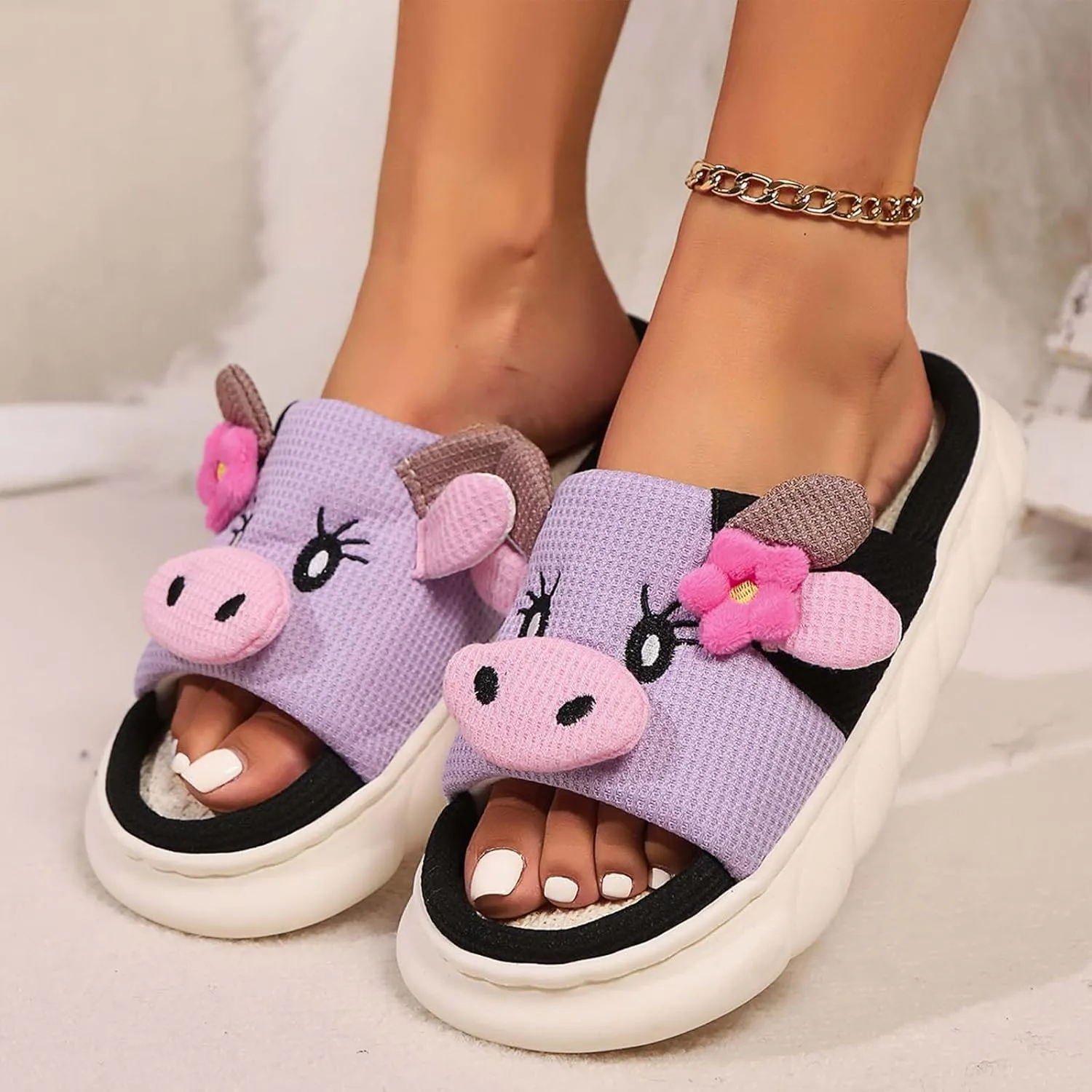 Cute Cow Slippers for Women, Indoor House Slippers, Platform Sole