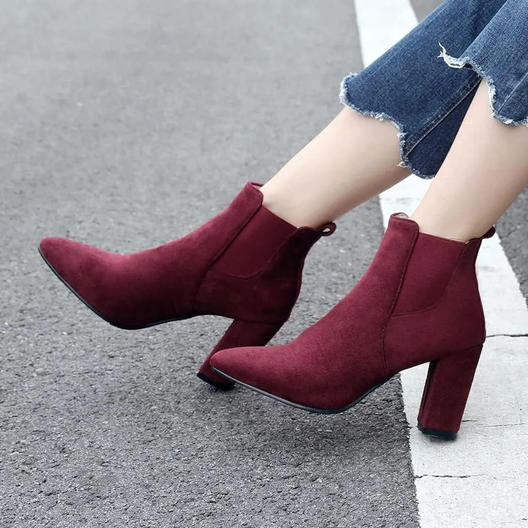 DEERBUNNY Classic Women's Ankle Boots Suede Block Heels Pointed Toe Short Booties Elastic Slip On Party Dress Boots