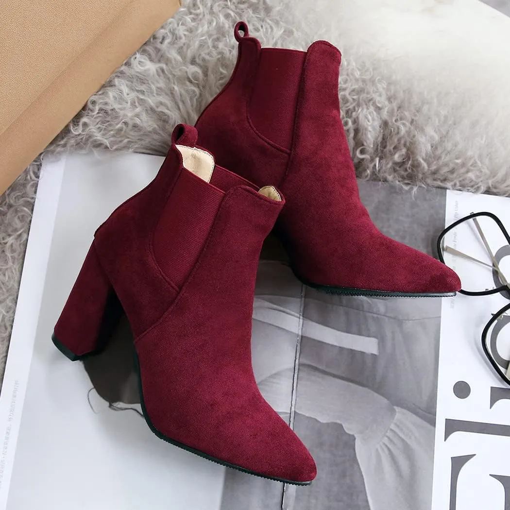 DEERBUNNY Classic Women's Ankle Boots Suede Block Heels Pointed Toe Short Booties Elastic Slip On Party Dress Boots