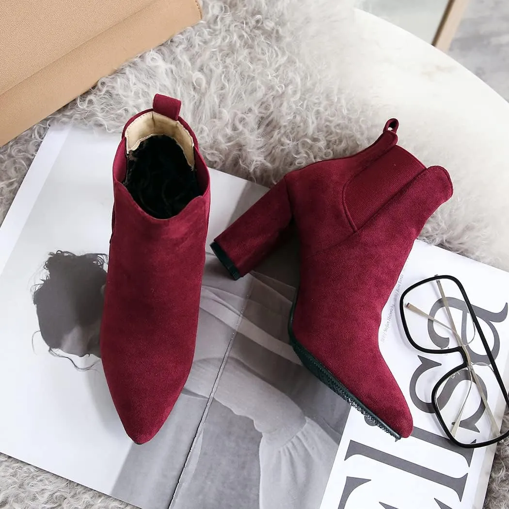 DEERBUNNY Classic Women's Ankle Boots Suede Block Heels Pointed Toe Short Booties Elastic Slip On Party Dress Boots