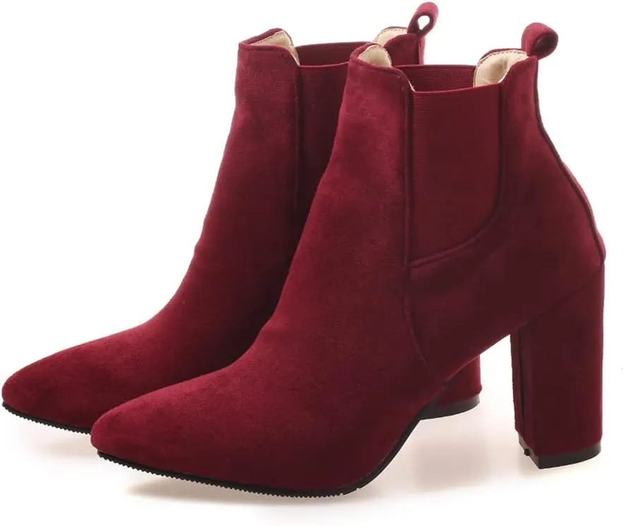 DEERBUNNY Classic Women's Ankle Boots Suede Block Heels Pointed Toe Short Booties Elastic Slip On Party Dress Boots