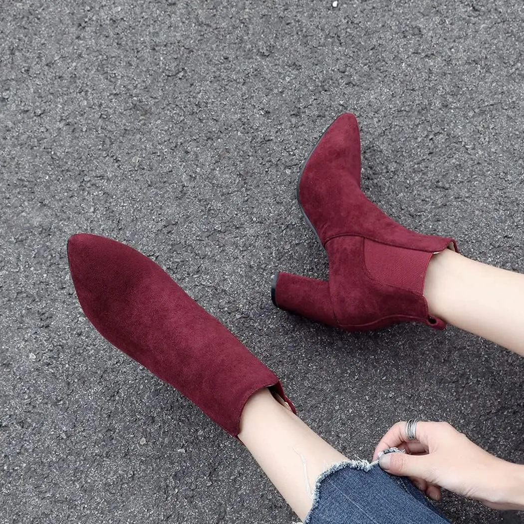 DEERBUNNY Classic Women's Ankle Boots Suede Block Heels Pointed Toe Short Booties Elastic Slip On Party Dress Boots