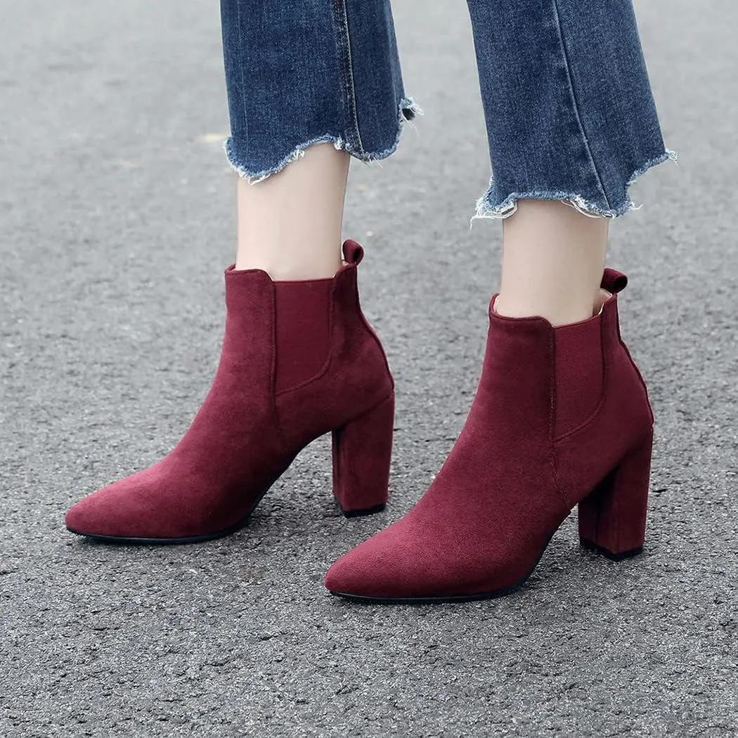 DEERBUNNY Classic Women's Ankle Boots Suede Block Heels Pointed Toe Short Booties Elastic Slip On Party Dress Boots