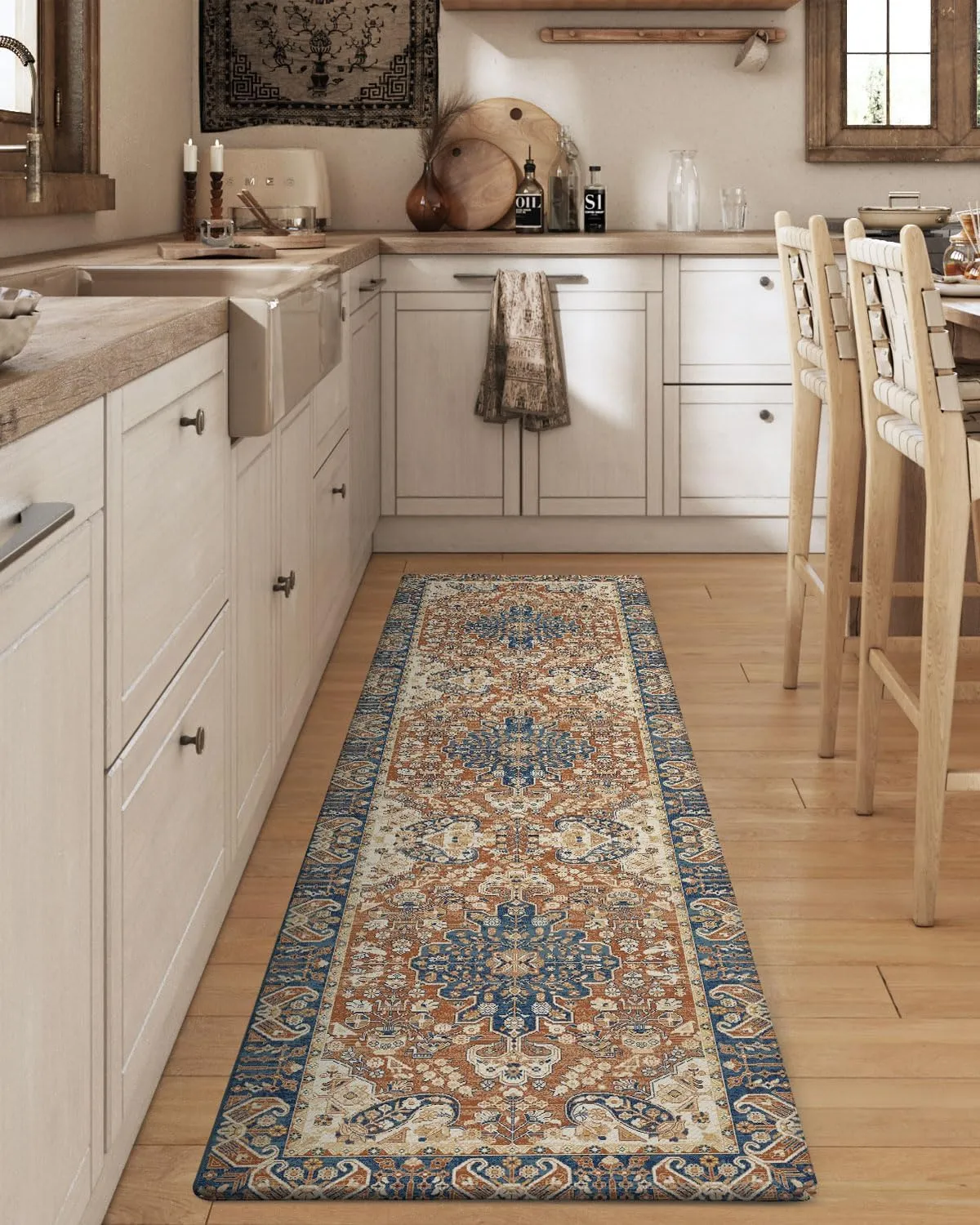 DEXI Kitchen Floor Mats Anti Fatigue, Cushioned Waterproof Runner Rug Boho Floral, 23x86 Extra Long Wide Standing Padded Non Slip for Farmhouse, Brown